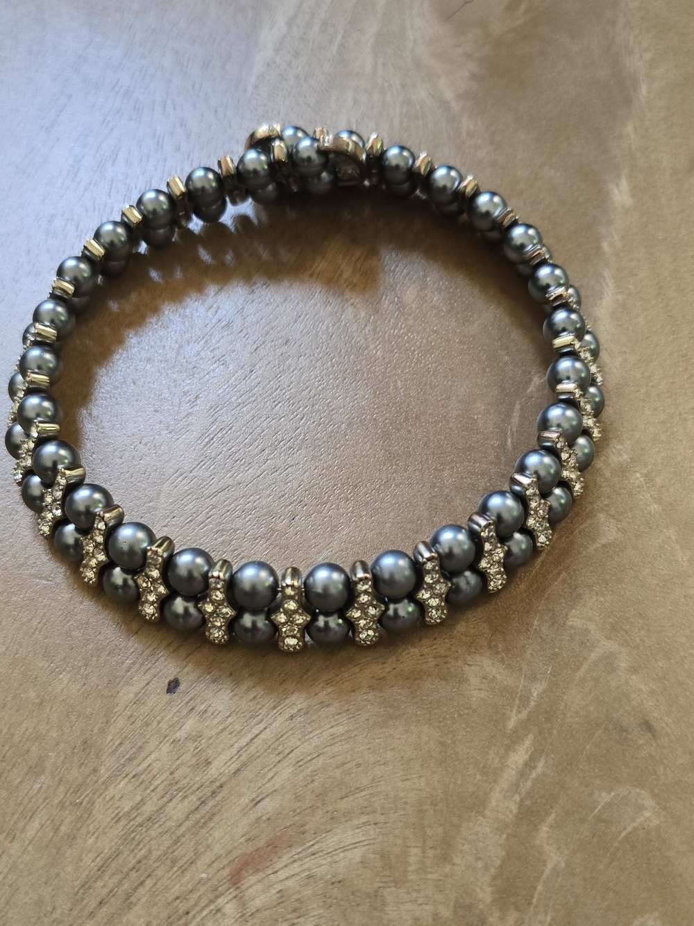 Vintage Double Strand Grey Faux Pearl & Rhinestone Statement Choker Necklace